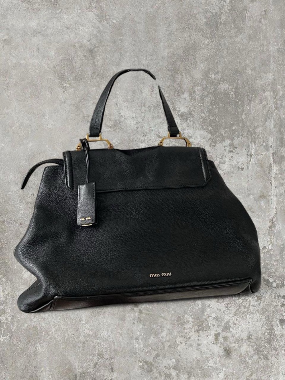 Y2K Miu Miu Black Leather Top Handle Tote with Luxury Designer Gold Accents